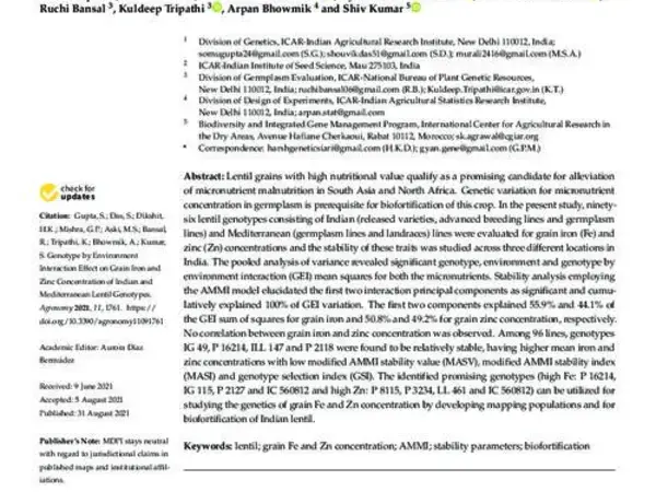 Genotype by Environment Interaction Effect on Grain Iron and Zinc Concentration of Indian and Mediterranean Lentil Genotypes