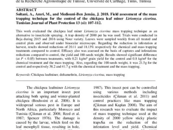 Field Assessment of the Mass Trapping Technique for the Control of the Chickpea Leaf Miner Liriomyza cicerina  