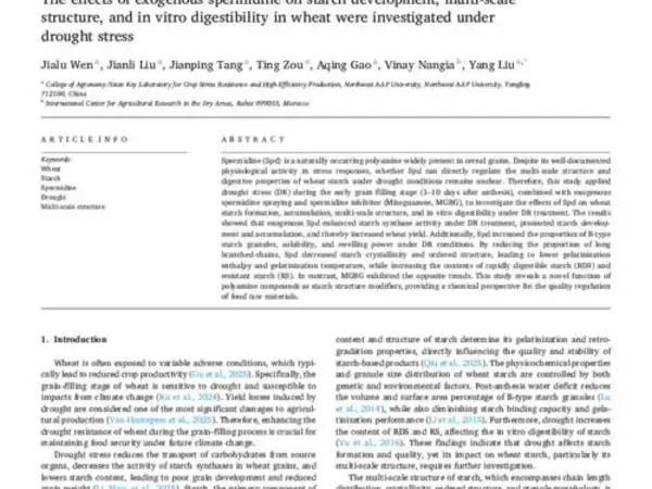 The effects of exogenous spermidine on starch development, multi-scale structure, and in vitro digestibility in wheat were investigated under drought stress