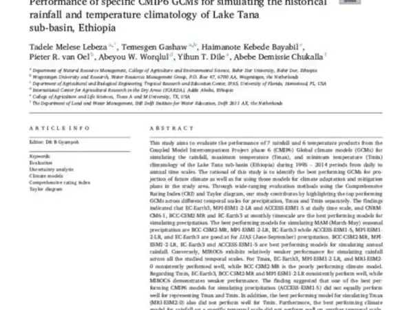 Performance of specific CMIP6 GCMs for simulating the historical rainfall and temperature climatology of Lake Tana sub-basin, Ethiopia