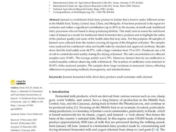 Nutritional and Food Safety Characteristics of Jameed - A Traditional Dairy Product of Drylands