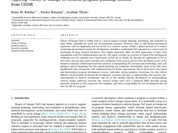 Applying Theory of Change in research program planning: Lessons from CGIAR