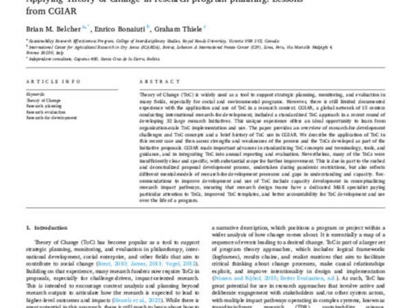 Applying Theory of Change in research program planning: Lessons from CGIAR