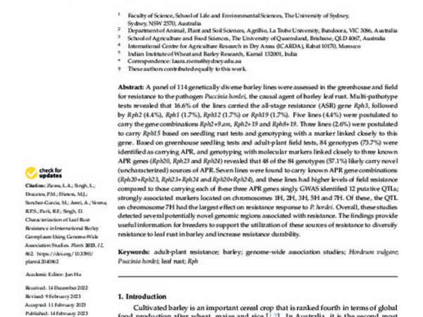 Characterization of Leaf Rust Resistance in International Barley Germplasm Using Genome-Wide Association Studies