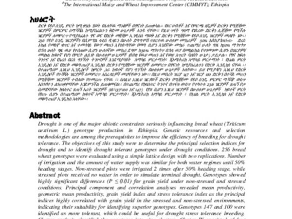 Screening of Drought Tolerant Bread Wheat  (Triticum aestivum L.) Genotypes using Yield Based  Drought Tolerance Indices