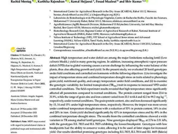 High-Temperature and Drought Stress Effects on Growth, Yield and Nutritional Quality with Transpiration Response to Vapor Pressure Deficit in Lentil