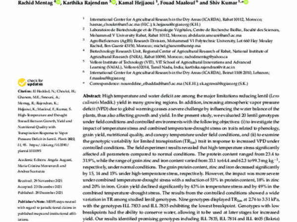 High-Temperature and Drought Stress Effects on Growth, Yield and Nutritional Quality with Transpiration Response to Vapor Pressure Deficit in Lentil