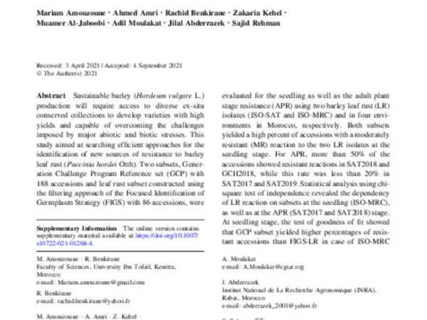 Mining and predictive characterization of resistance to leaf rust (Puccinia hordei Otth) using two subsets of barley genetic resources