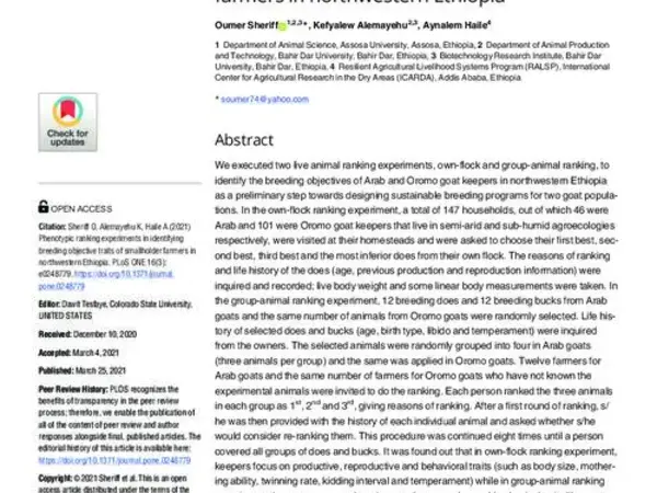 Phenotypic ranking experiments in identifying breeding objective traits of smallholder farmers in northwestern Ethiopia