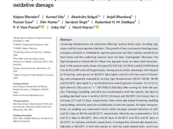 Differential heat sensitivity of two cool-season legumes, chickpea and lentil, at the reproductive stage, is associated with responses in pollen function, photosynthetic ability and oxidative damage