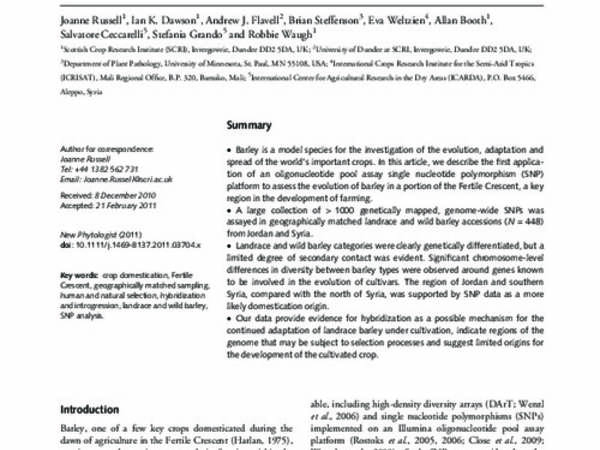 Analysis Of > 1000 Single Nucleotide Polymorphisms In Geographically Matched Samples Of Landrace And Wild Barley Indicates Secondary Contact And Chromosome-Level Differences In Diversity Around Domestication Genes