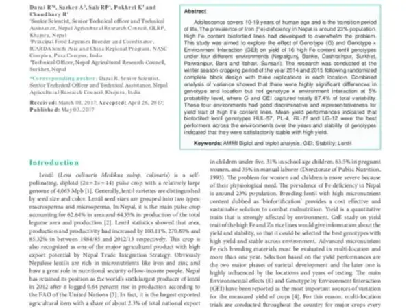 AMMI Biplot Analysis for Genotype X Environment Interaction on Yield Trait of High Fe content Lentil Genotypes in Terai and Mid-Hill Environment of Nepal