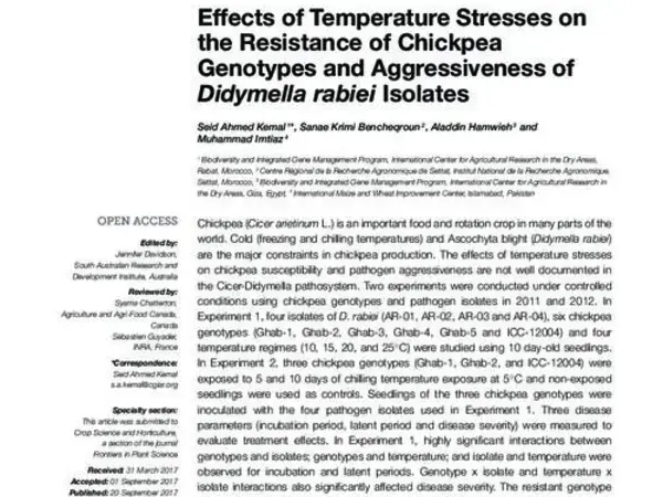 Effects of Temperature Stresses on the Resistance of Chickpea Genotypes and Aggressiveness of Didymella rabiei Isolates