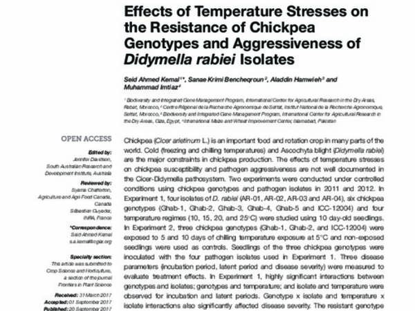 Effects of Temperature Stresses on the Resistance of Chickpea Genotypes and Aggressiveness of Didymella rabiei Isolates