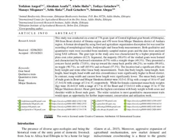Phenotypic Characterization for Identification, Conservation and Sustainable  Utilization of Boset and Minjar Shenkora Goats of Ethiopia