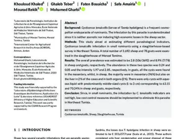 Infestation of small ruminants by the metacestode stage of Taenia hydatigena in slaughterhouse, North East Tunisia