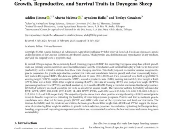 Exploring Genetic Parameters and Correlations Among Growth, Reproductive, and Survival Traits in Doyogena Sheep