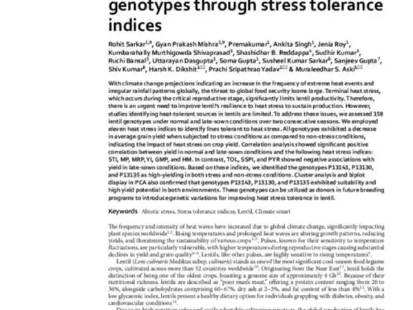 Identification of heat tolerant lentil genotypes through stress tolerance indices