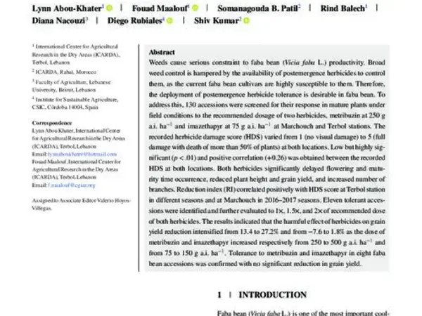 Identification of tolerance to metribuzin and imazethapyr herbicides in faba bean
