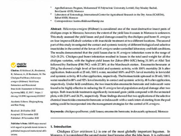 The Chickpea Pod Borer, Helicoverpa armigera (Hübner): Yield Loss Estimation and Biorational Insecticide Assessment in Morocco