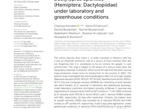Entomopathogenic fungi as biological control agents of Dactylopius opuntiae (Hemiptera: Dactylopiidae) under laboratory and greenhouse conditions