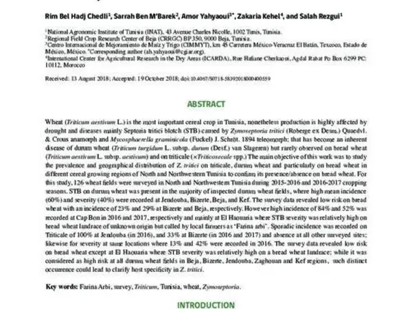 Occurrence of Septoria tritici blotch (Zymoseptoria tritici) disease on durum wheat, triticale, and bread wheat in Northern Tunisia