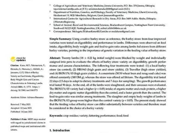 Effect of Barley Variety on Feed Intake, Digestibility, Body Weight Gain and Carcass Characteristics in Fattening Lambs