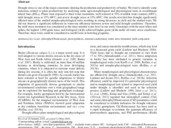 Evaluation of morpho-physiological traits under drought stress conditions in barley (Hordeum vulgare L.)
