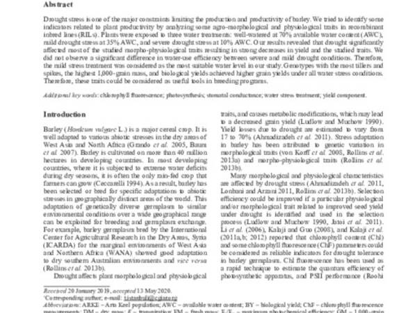 Evaluation of morpho-physiological traits under drought stress conditions in barley (Hordeum vulgare L.)