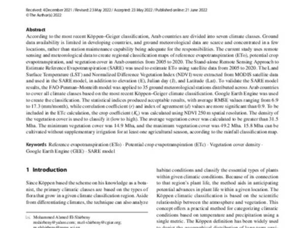 Evapotranspiration and Vegetation Cover Classifications Maps Based on Cloud Computing at the Arab Countries Scale