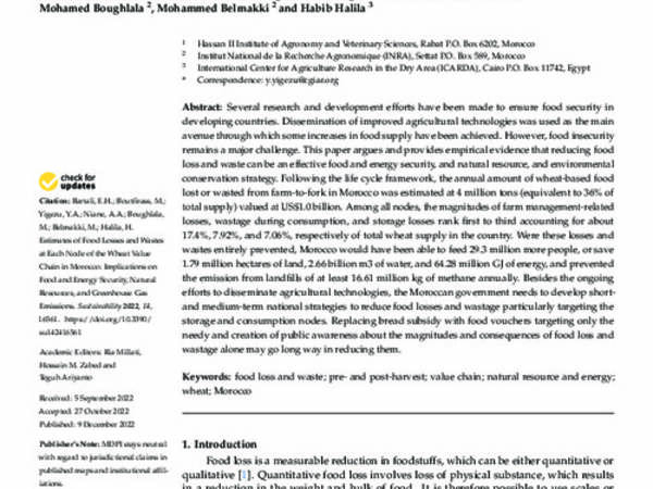 Estimates of Food Losses and Wastes at Each Node of the Wheat Value Chain in Morocco: Implications on Food and Energy Security, Natural Resources, and Greenhouse Gas Emissions