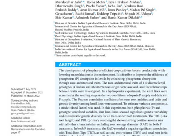 Genotypic variation in root architectural traits under contrasting phosphorus levels in Mediterranean and Indian origin lentil genotypes