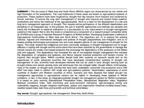 Drought management and planning strategies in semi-arid and arid agro-pastoral systems of West Asia and North Africa: A review