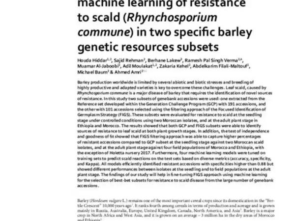 Assessment and modeling using machine learning of resistance to scald (Rhynchosporium commune) in two specifc barley genetic resources subsets
