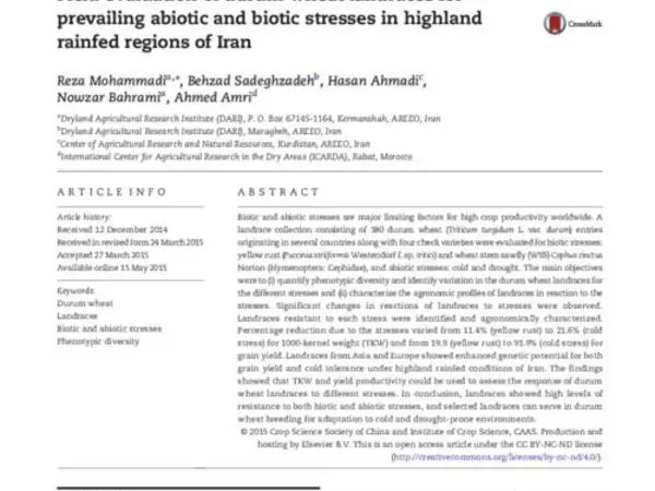 Field evaluation of durum wheat landraces forprevailing abiotic and biotic stresses in highlandrainfed regions of Iran