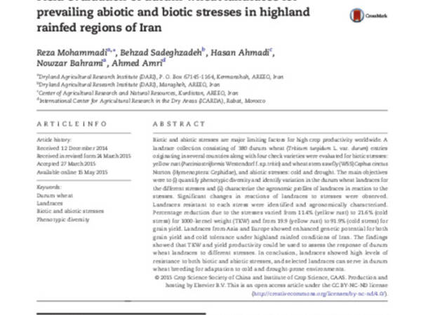 Field evaluation of durum wheat landraces forprevailing abiotic and biotic stresses in highlandrainfed regions of Iran