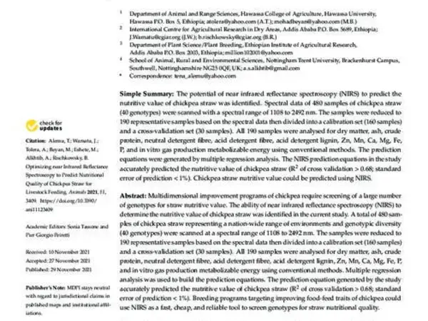 Optimizing near Infrared Reflectance Spectroscopy to Predict Nutritional Quality of Chickpea Straw for Livestock Feeding