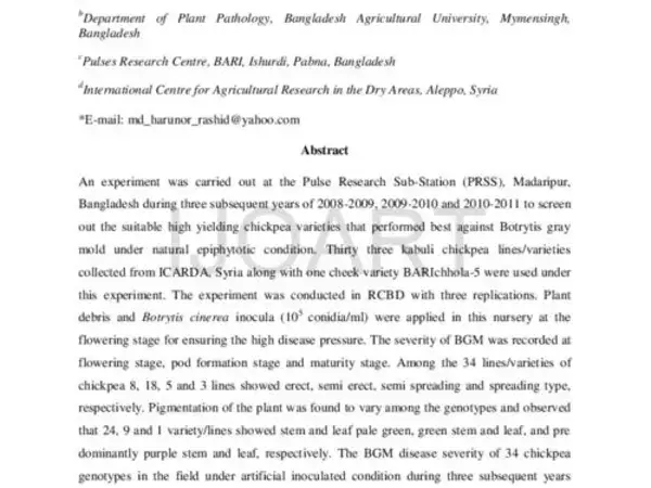 Screening of kabuli chickpea (Cicer arietinum L.) germplasm resistant to Botrytis Gray Mold in Bangladesh