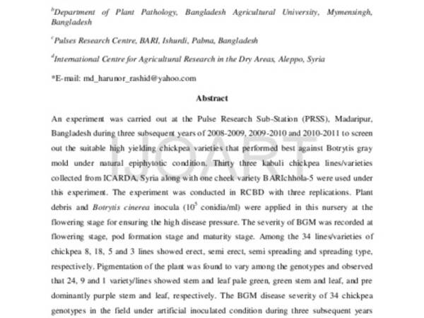 Screening of kabuli chickpea (Cicer arietinum L.) germplasm resistant to Botrytis Gray Mold in Bangladesh