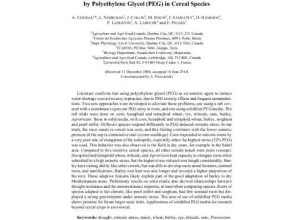 New Approaches for the Study of Osmotic Stress Induced by Polyethylene Glycol (PEG) in Cereal Species