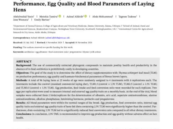 Impact of Dried Thyme Leaf Meal on Production Performance, Egg Quality and Blood Parameters of Laying Hens