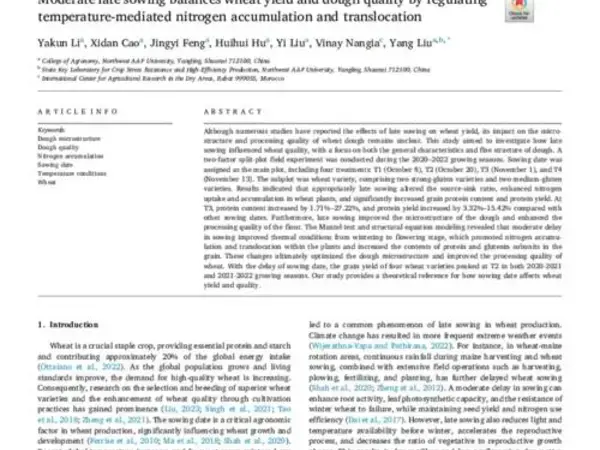 Moderate late sowing balances wheat yield and dough quality by regulating temperature-mediated nitrogen accumulation and translocation