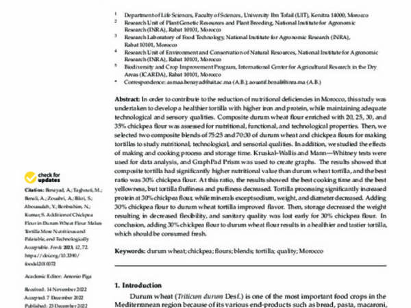 Addition of Chickpea Flour in Durum Wheat Flour Makes Tortilla More Nutritious and Palatable, and Technologically Acceptable