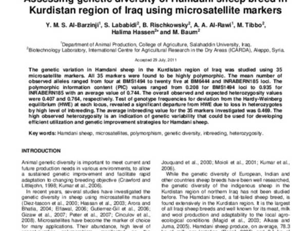 Assessing genetic diversity of Hamdani sheep breed in Kurdistan region of Iraq using microsatellite markers