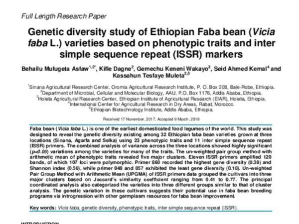 Genetic diversity study of Ethiopian Faba bean (Vicia faba L.) varieties based on phenotypic traits and inter simple sequence repeat (ISSR) markers 