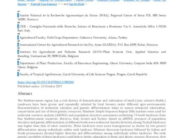 Molecular variance and population structure of lentil (Lens culinaris Medik.) landraces from Mediterranean countries as revealed by simple sequence repeat DNA markers: implications for conservation and use