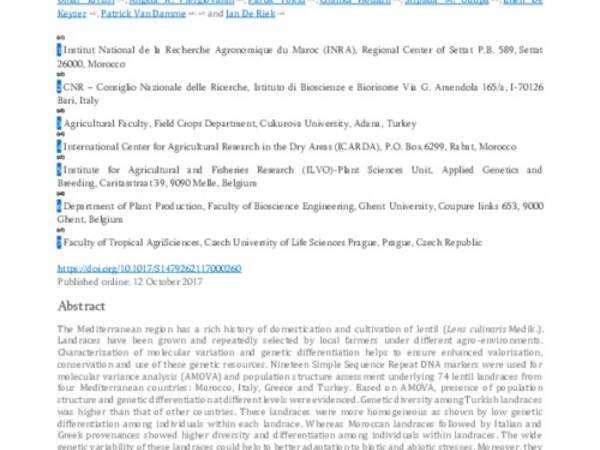 Molecular variance and population structure of lentil (Lens culinaris Medik.) landraces from Mediterranean countries as revealed by simple sequence repeat DNA markers: implications for conservation and use