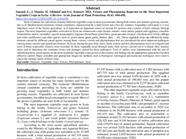 Viruses and Phytoplasma Reported on the Most Important Vegetable Crops in Syria: A Review