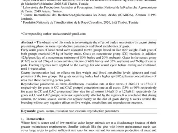 Effect of supplementation by cactus (Opuntia ficus indica f. inermis) cladodes on reproductive response and some blood metabolites of female goat on pre-mating phase