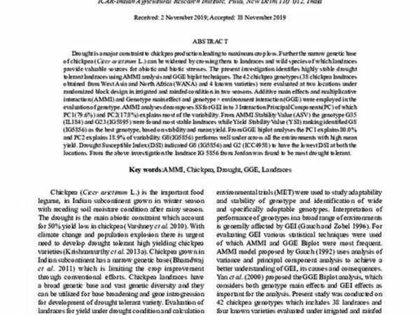 Identification of stable drought tolerant landraces of chickpea (Cicer arietinum) under multiple environments